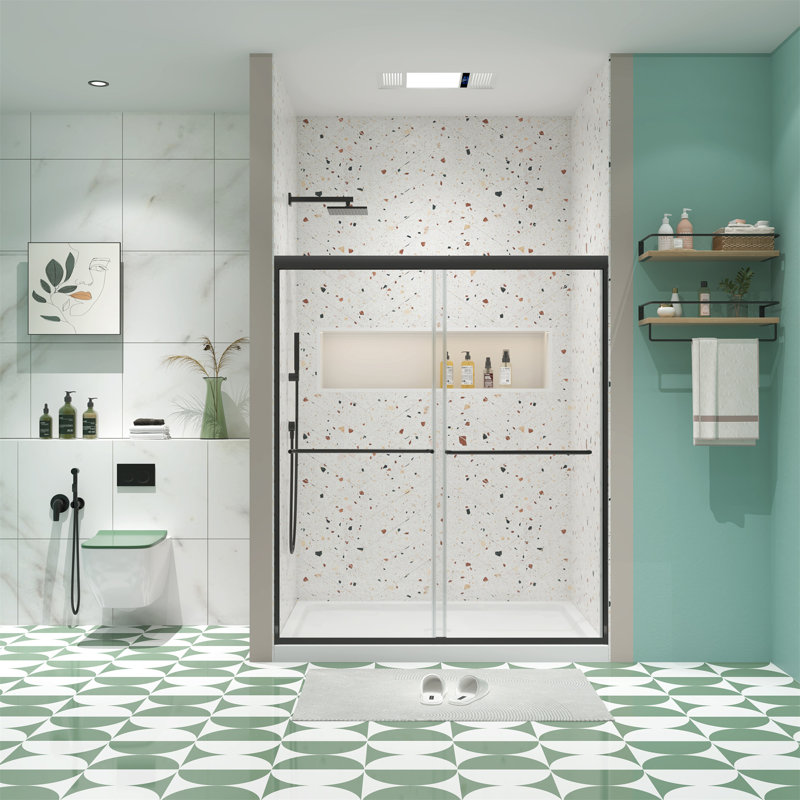 Bypass Shower Door, Sliding Door, With 1/4" Tempered Glass And Matted Black Finish 56-60"X70"