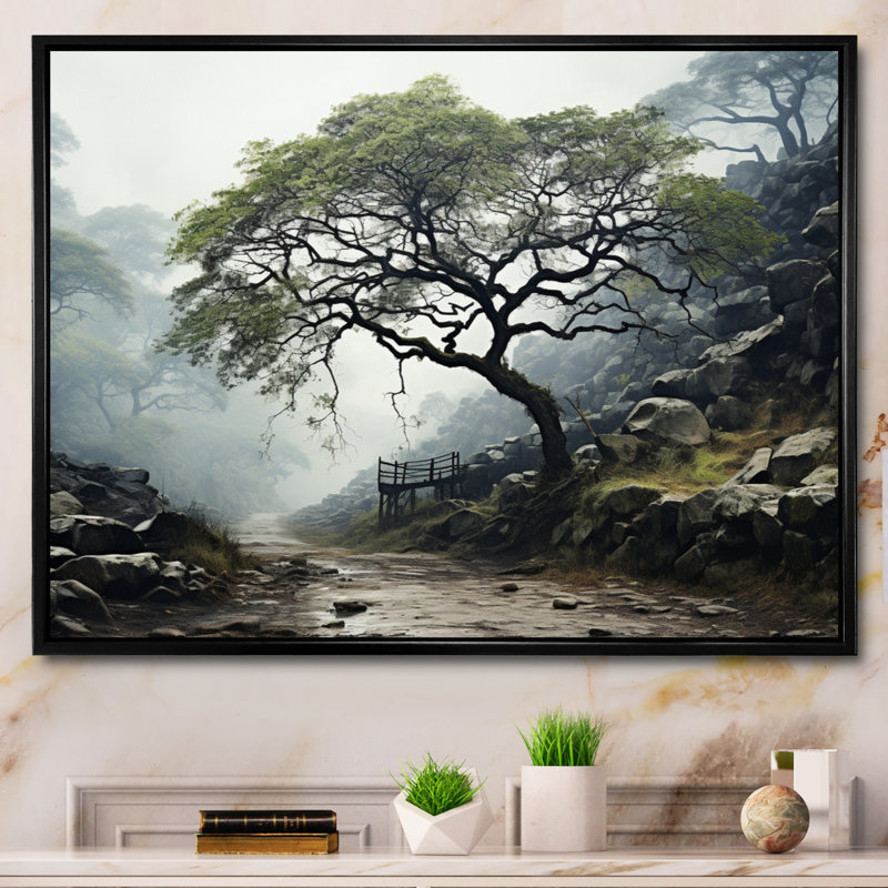 Arbre vert, élégance monochrome sur toile, Cadre flottant noir, H 24 po x l 32 po x P 1 po