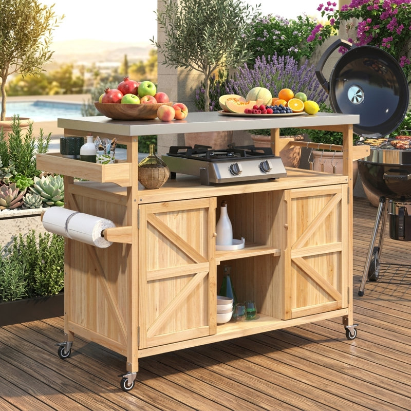 Farmhouse Outdoor Kitchen Island With Stainless Steel Top, Rolling Bar Cart And Spice Storage, Wood