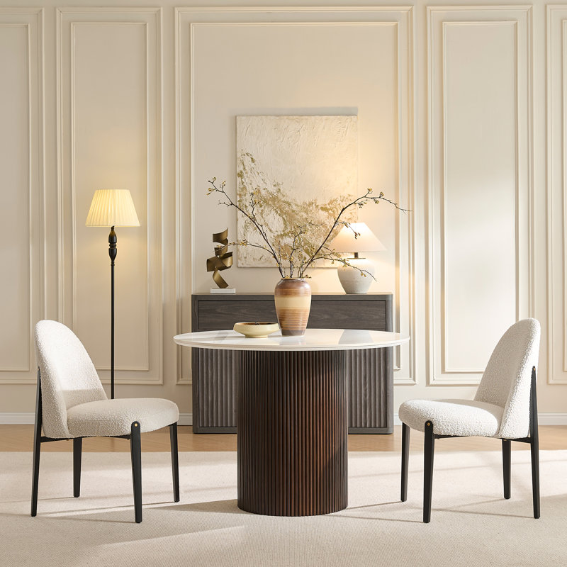 Ensemble de salle à manger 3 pièces rond en faux marbre avec base fluo, Blanc, 3 pièces: table, 2 chaises, Blanc