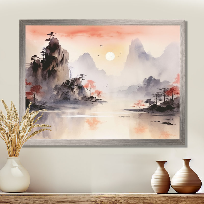 Orange, paysage chinois tranquille sérénité I - Chine, art mural, Cadre flottant noir, H 16 po x l 32 po x P 1 po