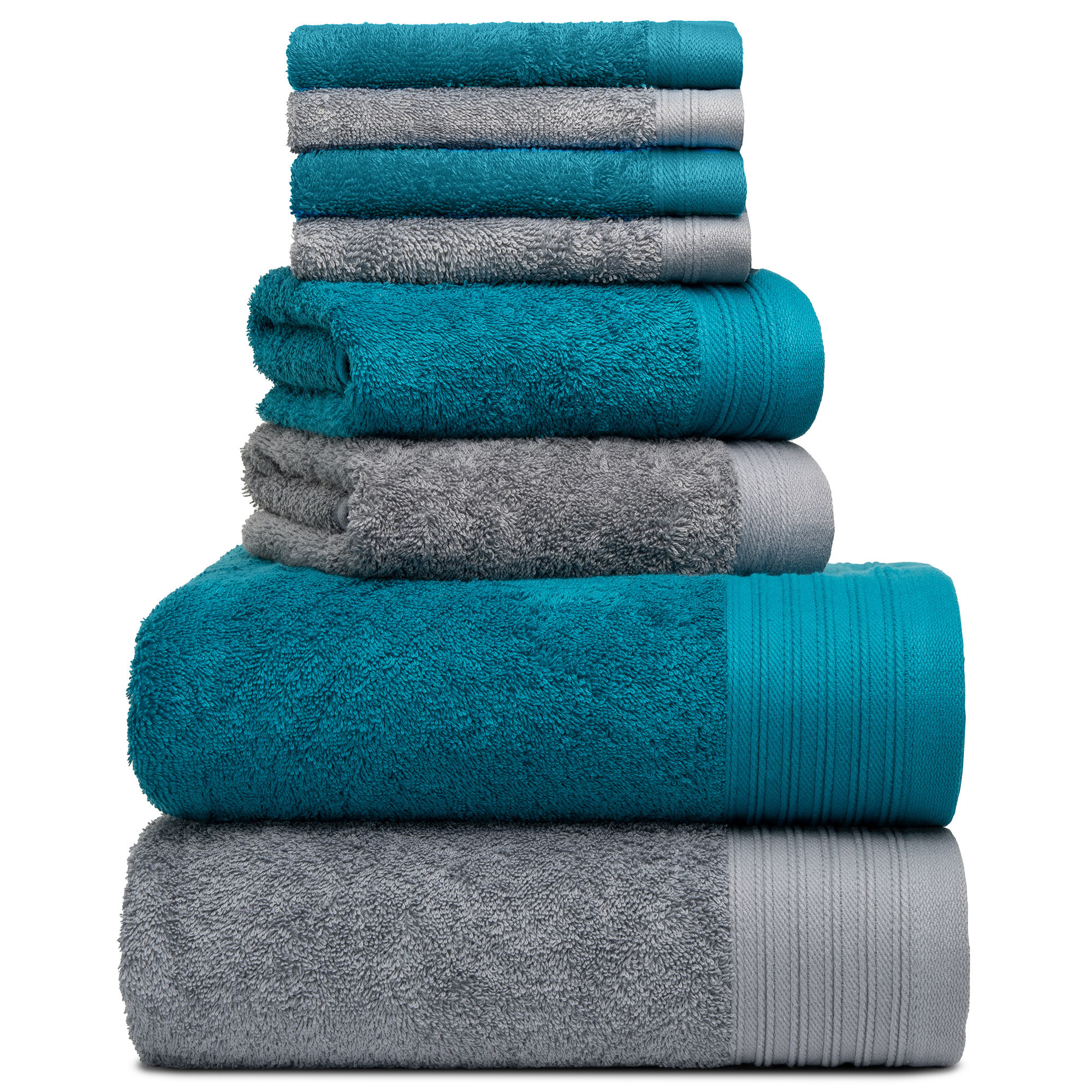 Doncia 8 Piece 100% Cotton Towel Set, Dark Gray/Teal