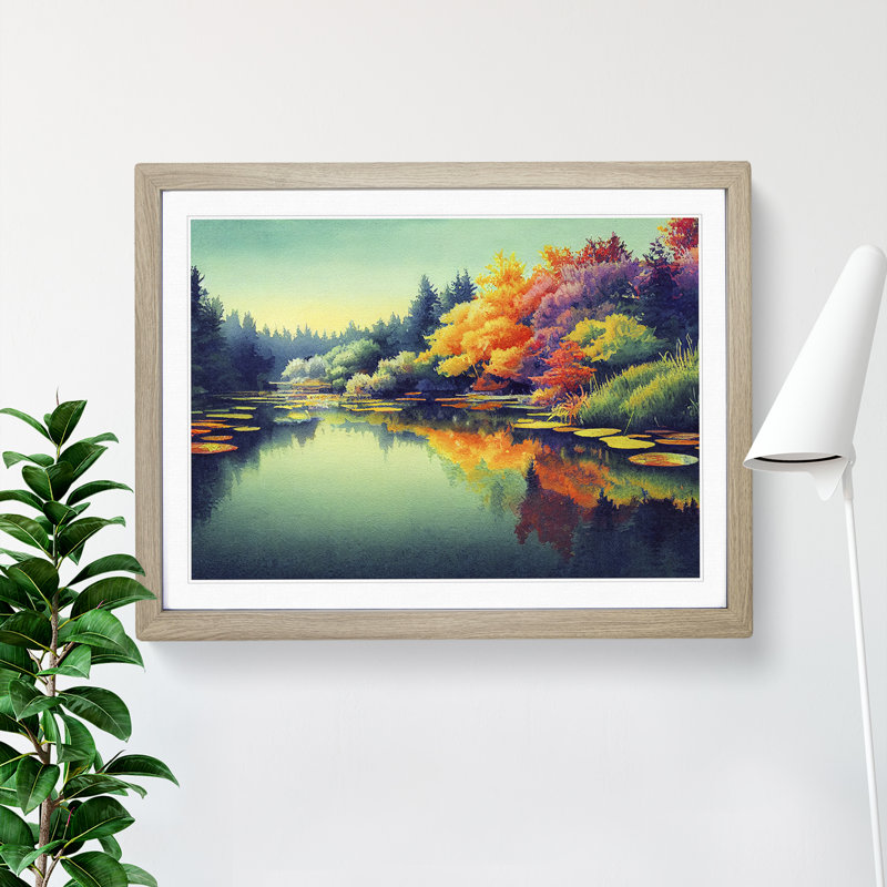 Colourful Watercolour Pond - Single Picture Frame Print, 34cm H x 46cm W x 2cm D, Oak Framed