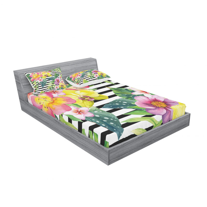 Microfiber Floral Sheet Set, Full/Double Sheet Set with Fitted Sheet, Traditional Kimono Floral