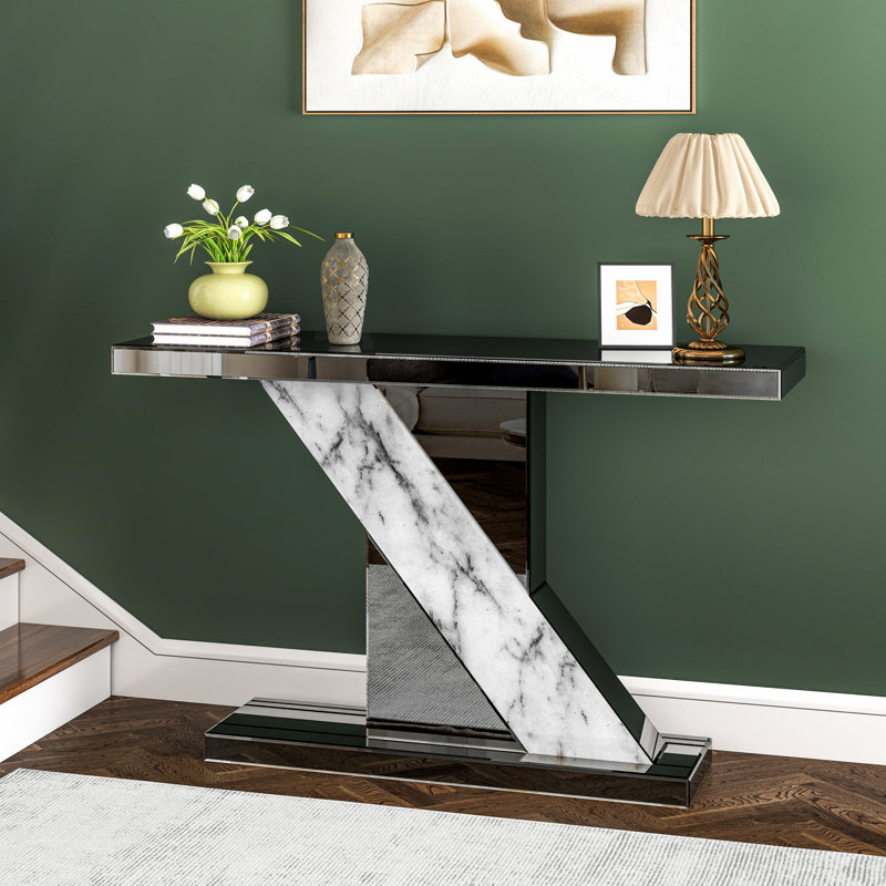 Rillamas 47.24'' Mirrored Glass Console Table Imitation Marble Sofa Entryway Table