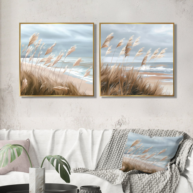 «Beach Scene With Tall Pampas Grass I», art mural plage, art mural nautique sur toile, 2 pièces, H 30 po x l 61 po, Doré