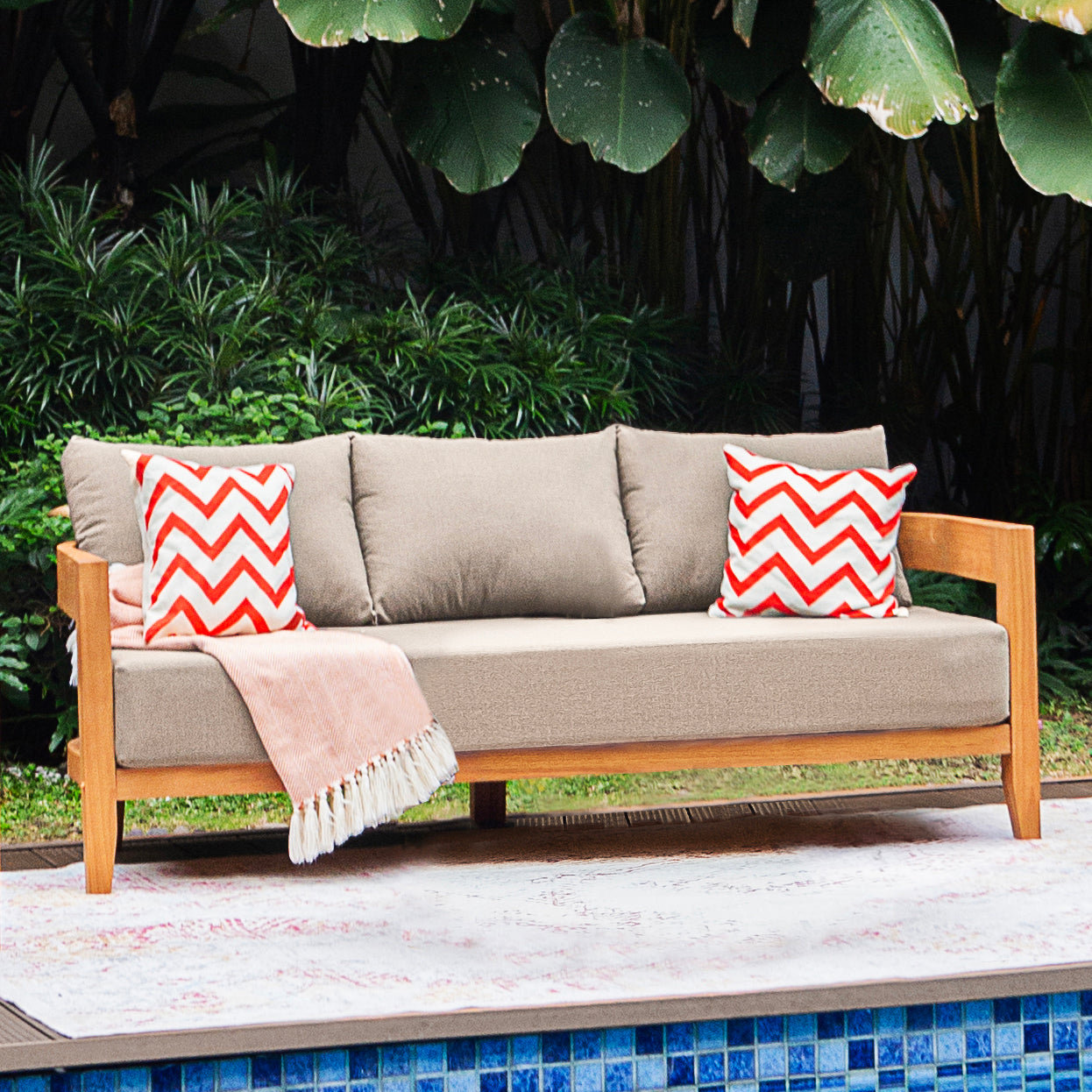 Keaton Teak Outdoor Patio Sofa With Cushions, Beige