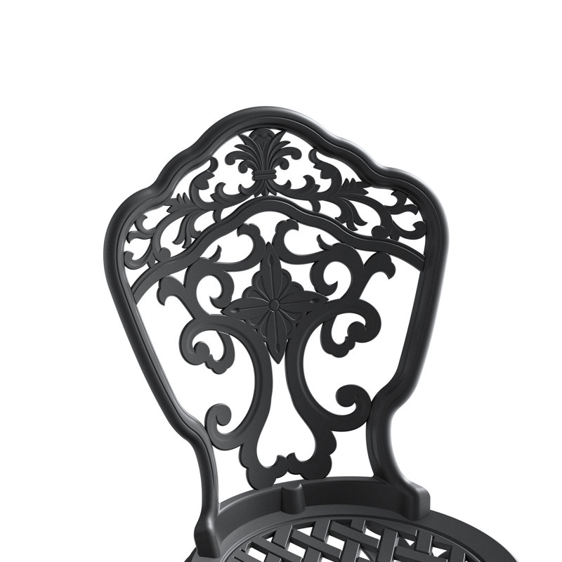 Chaises de patio en aluminium moulé (lot de 2), noires, motifs raffinés, résistants, coussin antidérapant, dossier et assise confortables. Chaises de salle à manger (lot de 2), design élaboré, peinture, repose-pieds.