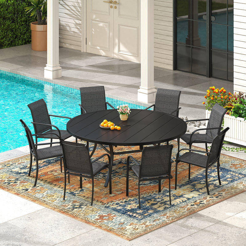 Ensemble repas 9 pièces pour patio avec table ronde de 60 po, Noir/gris