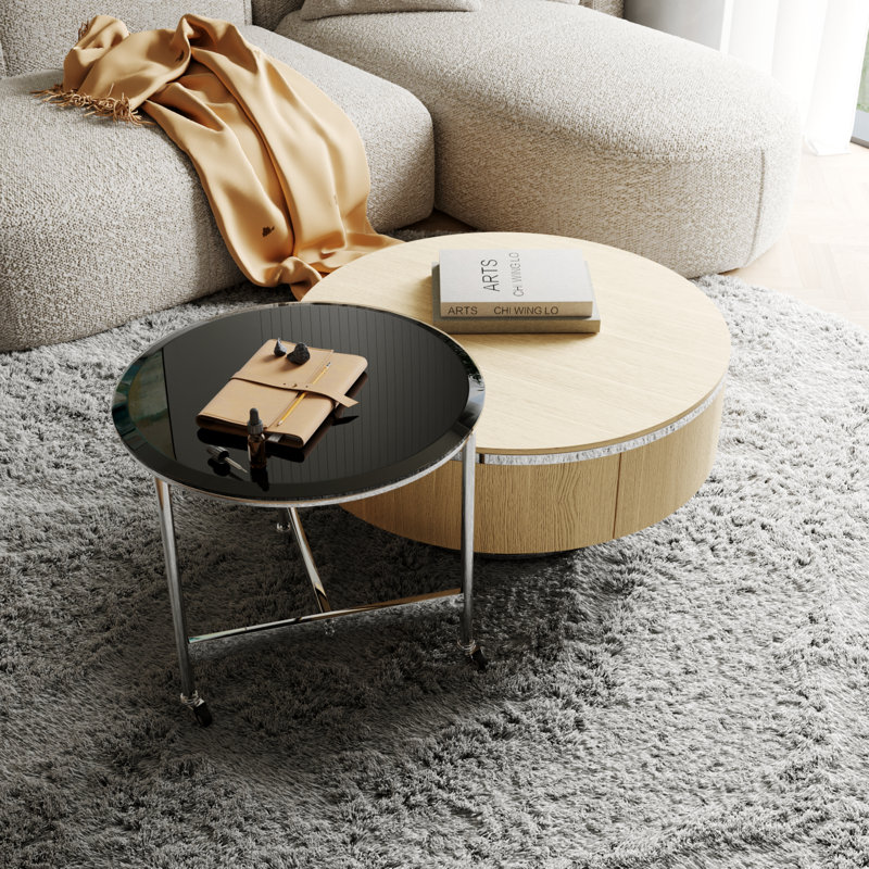 Round Nesting Coffee Table , Light Yellow Wood, Silver