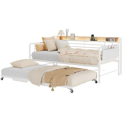 Lit double avec lit gigogne escamotable, tête de lit avec rangement, lampe DEL et station de recharge, blanc