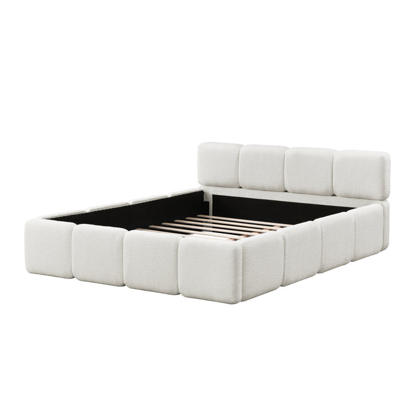 Lit plateforme, tête de lit et pied de lit épais Boucle, lits rembourrés au sol, style bloc, Blanc, Grand lit