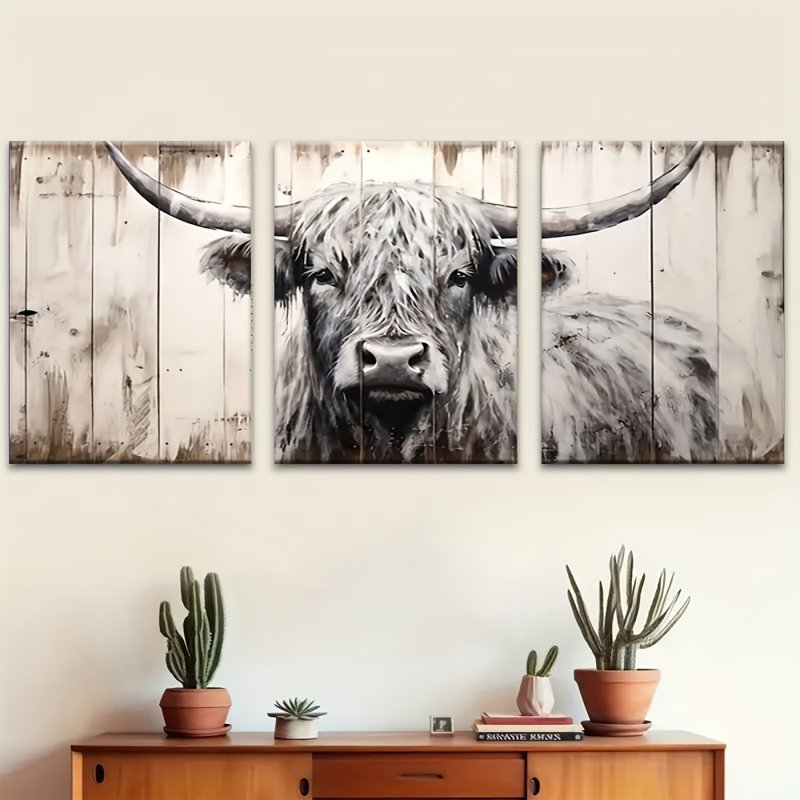 «Rustic Highland Cow», reproduction sur toile 3 pièces - espace de vie à la ferme, 36 * 24 pouces 3 pièces