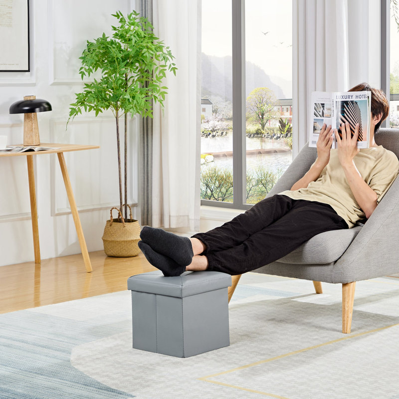 Mycha 30cm Wide Faux Leather Tufted Square Solid Colour Ottoman with Storage, Grey