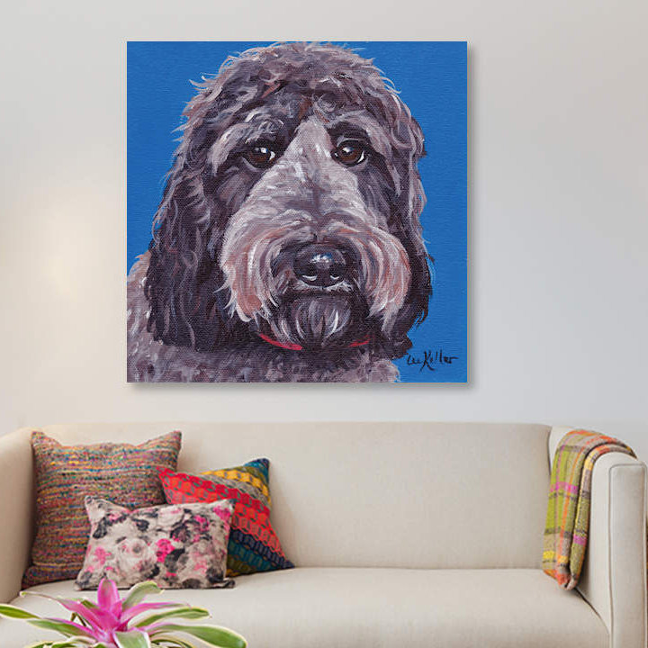 « black labradoodle on blue », impression sur toile, H 18 po x l 18 po x P 1,5 po, Toile tendue