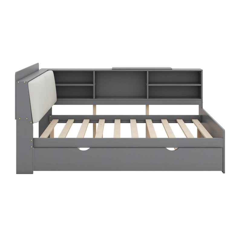 Solid Wood Daybed Frame With Trundle, Upholstered Storage Headboard, Shelves And Rotatable Board, Gray, Full