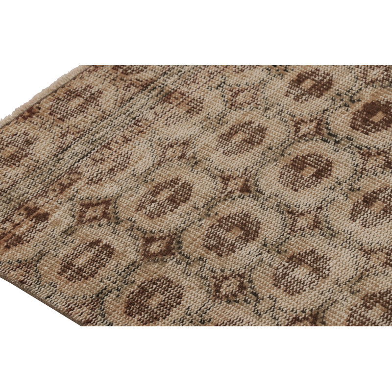Vintage Distressed Runner Rug, Beige-Brown Allover Geometric Motif – Rug & Kilim