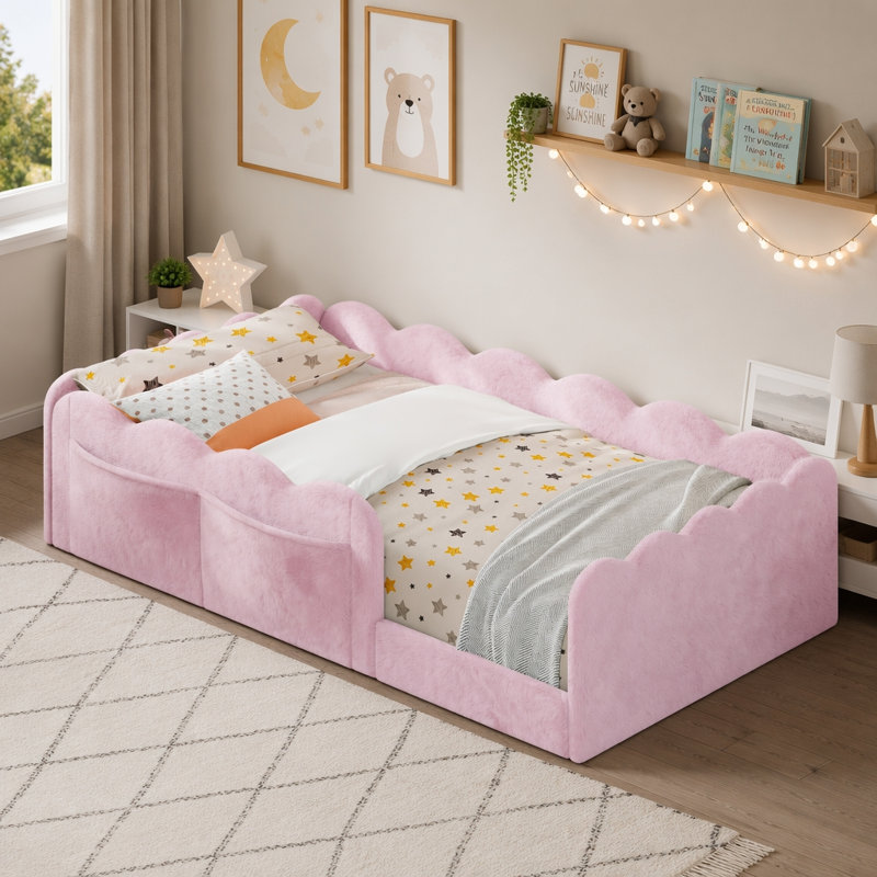 Lit tapissier en velours avec garde-corps ondulé, Twin, Pink