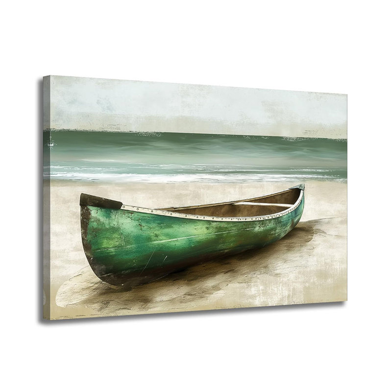 Beach Boat Pictures Wall Art Abstract Green Canoe Boat on Beach Print Painting Rustic Ocean Landscape Textured Seascape Artwork for Bathroom Office Living Room Decor