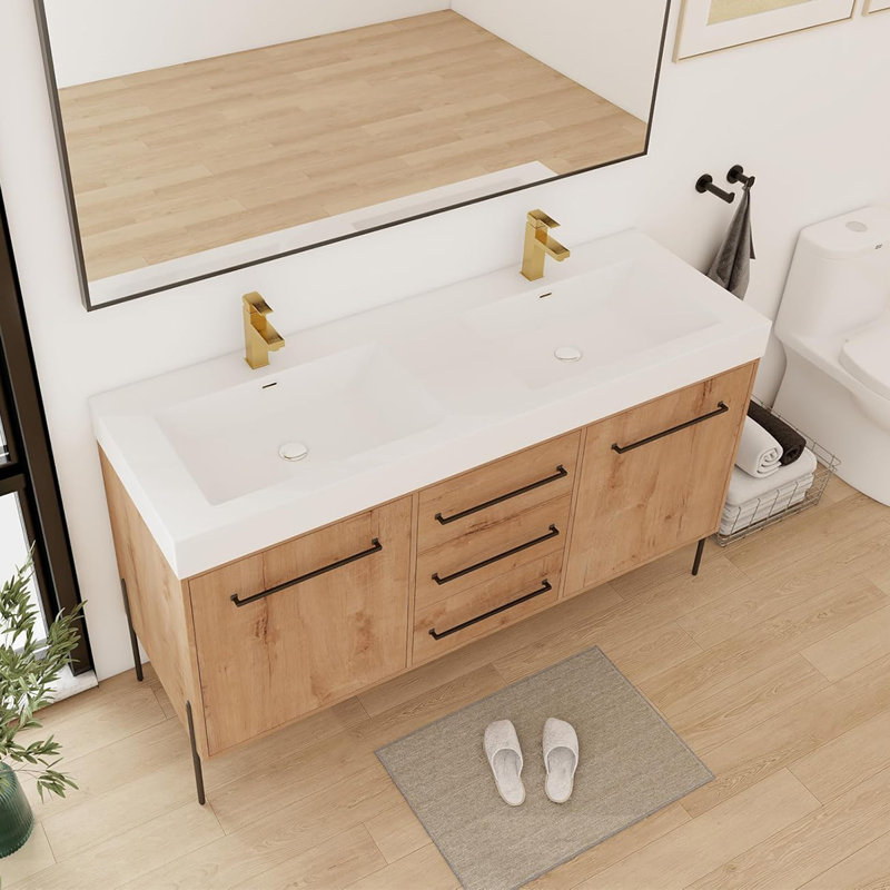 Meuble-lavabo autoportant 60 po avec double lavabo en résine blanche, 2 portes d'armoire à fermeture en douceur et 3 tiroirs, imitation chêne