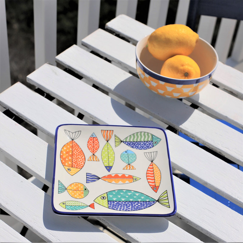 Colorful Fish Pattern Ceramic Square Appetizer Plates Set of 4