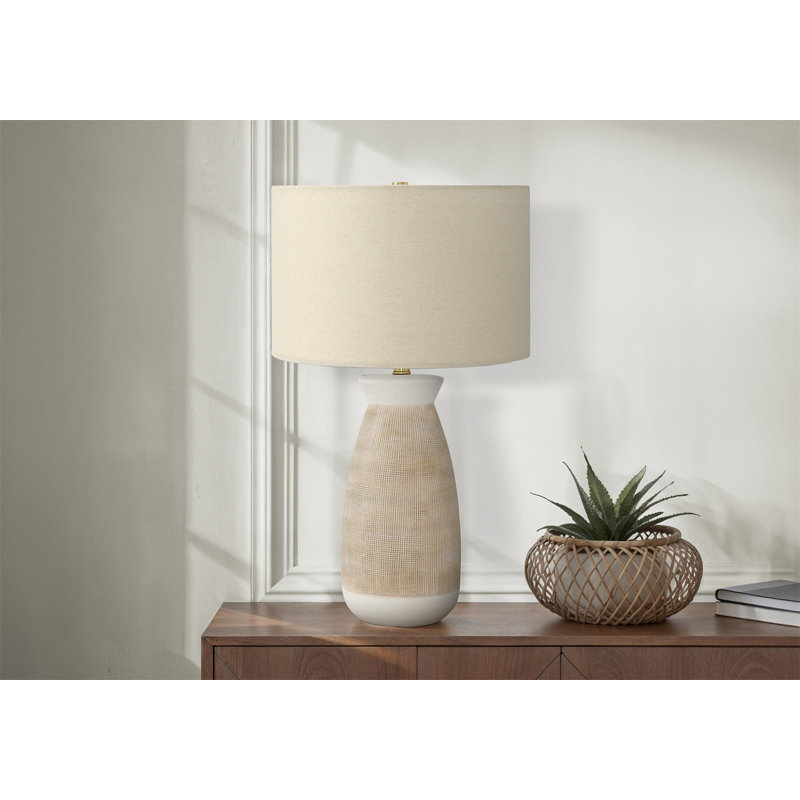 Lighting, H 27 po, lampe de table, céramique crème, abat-jour beige, contemporain, Beige, Crème