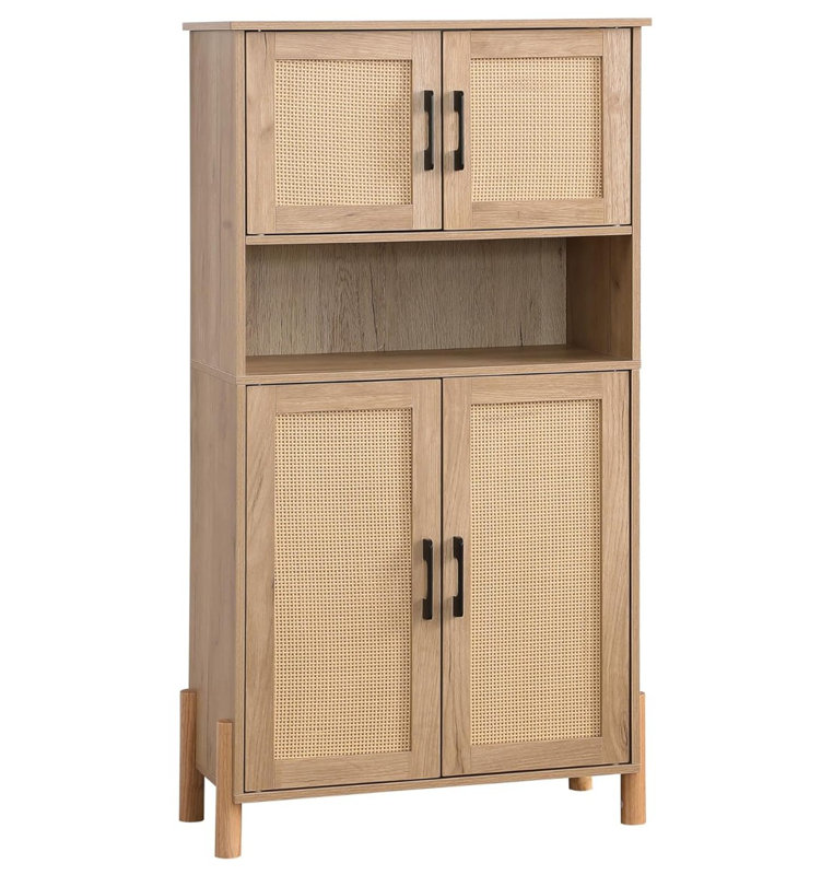 Armoire de rangement Corbisez avec portes en rotin tissé et tablettes réglables