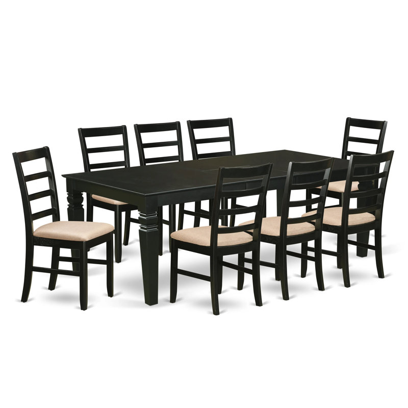 8 - Person Solid Wood Solid Wood Top Four Leg Dining Set, 9 Pieces: 1 Table, 8 Chairs, Black, Linen Fabric