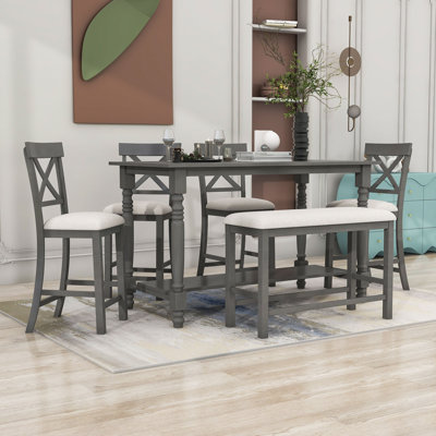 Ensemble de salle à manger 6 pièces Danilah, table en bois avec tablette, chaises rembourrées et banc pour la salle à manger