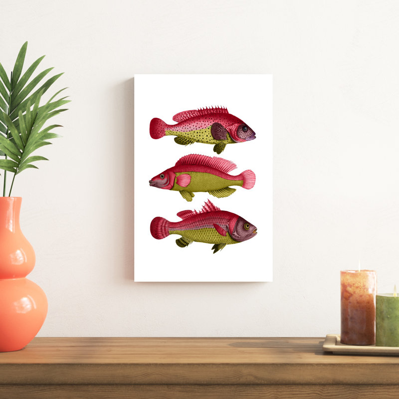 Trio de poissons fantaisie rouge et jaune, H 18 po x l 12 po x P 1 po