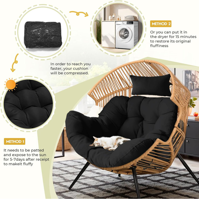 Waterproof Egg Chair Cushion – 7" Thick With Headrest Black