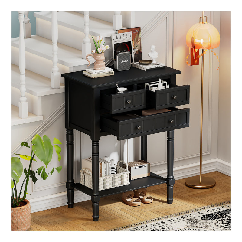 Narrow Console Table, Slim Sofa Table With Three Storage Drawers And Bottom Shelf (Black), Black