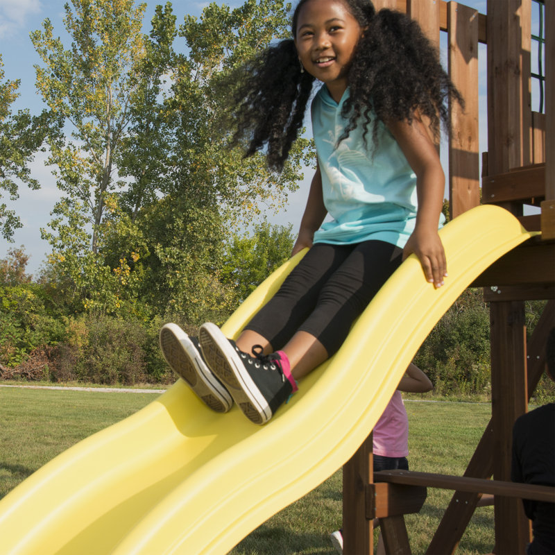 Castlebrook Wooden Swing Set with Yellow Slides and Climbing Wall