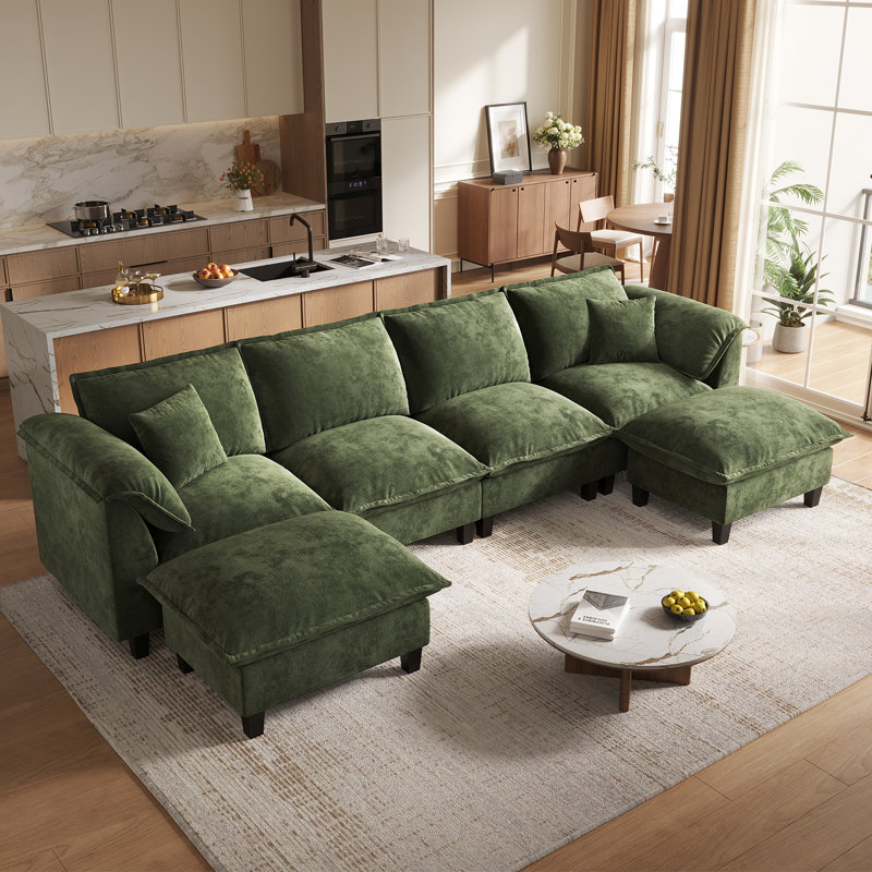 Canapé modulaire en chenille de 143,7 po avec repose-pieds avec rangement, housses de coussin lavables, accoudoirs rembourrés, coussins profonds très épais, assemblage sans outil, vert
