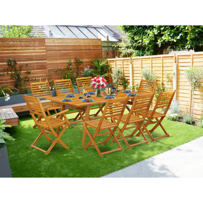 9 Piece Outdoor Patio Dining Sets Includes a Rectangle Acacia Wood Table and 2 Folding Arm Chairs with 6 Side Chairs, 40x72 Inch, Natural Oil