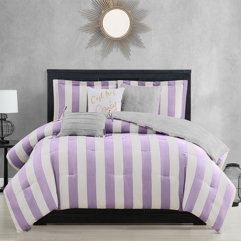 Juicy Couture Cabana Stripe Comforter Sets, Twin/Twin XL Comforter + 1 Sham + 3 Throw Pillows, Lavender/White