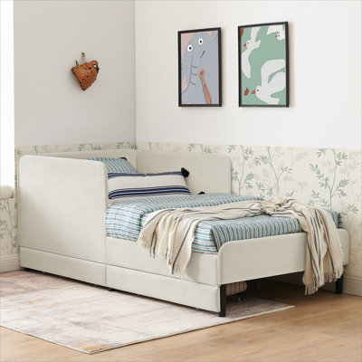 Twin Size Upholstered Platform Bed Frame with 2 Storage Drawers, Adjustable Velvet Sofa Bed, Beige
