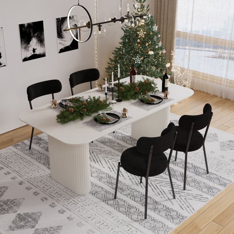 Rectangle Double Pedestal Dining Set with Cream Style Dining Table, Black, White, 5
