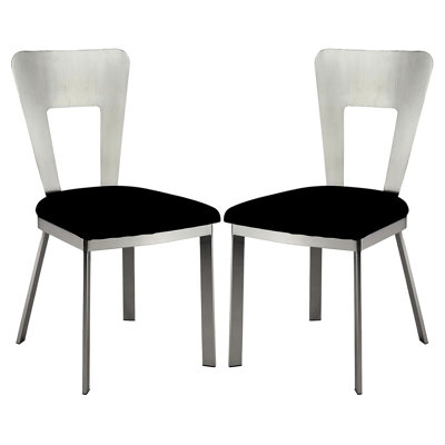 Silver Metal Dining Chairs With Padded Black Microfiber Seats Modern Frame And Seating, 2Pc