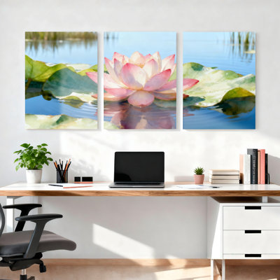 Lotus Flower Water Lily Pond Canvas Wrapped Wall Art Oil Painting Print Set of 3