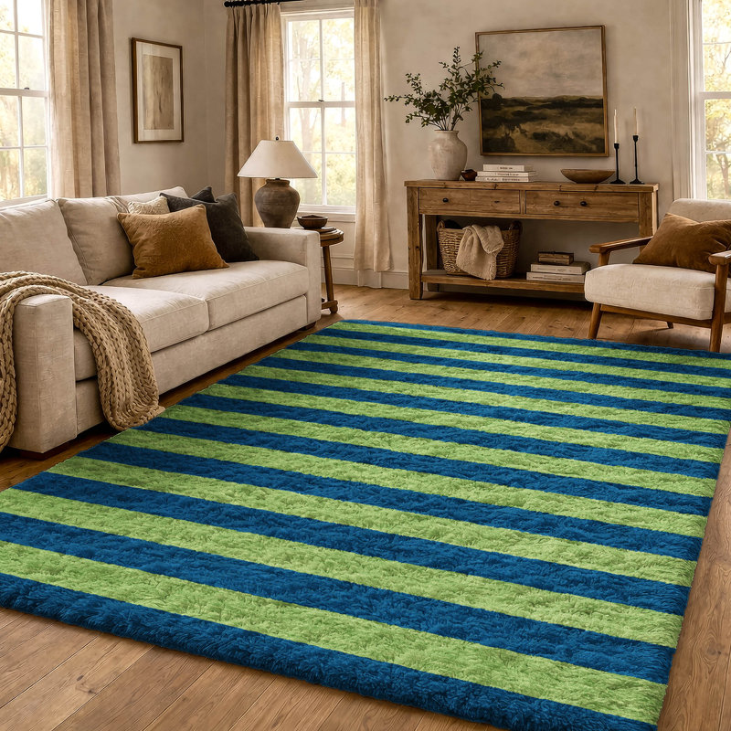Premium Machine Washable Dream Shag ADS530 Striped Rug, Navy, 3' x 5'