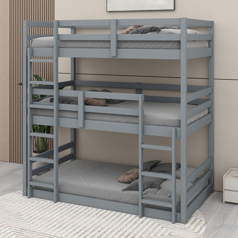 Lit superposé détachable en bois d'hévéa triple avec échelles et garde-corps, Gris