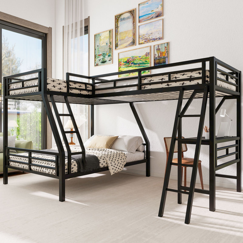  Lit superposé simple au-dessus d'un lit double avec lit mezzanine simple et bureau, structure en métal peu encombrante pour la chambre à coucher, noir