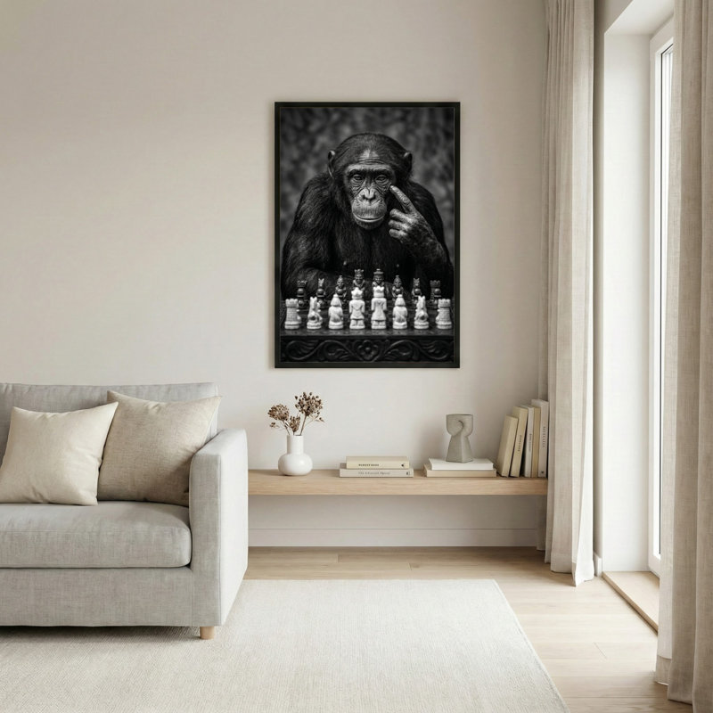 Art mural sur toile noir encadré pour le salon, la chambre à coucher, le bureau ou le vestibule - décoration murale décorative avec échecs de singe