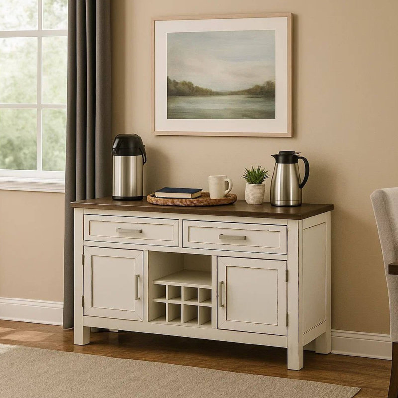 54.4"W Rustic Server, Weathered White/Dark Walnut