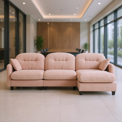 Canapé de réception en L 107 po à 3 places avec repose-pieds, revêtement en chenille doux, coussins touffetés et design ergonomique, rose