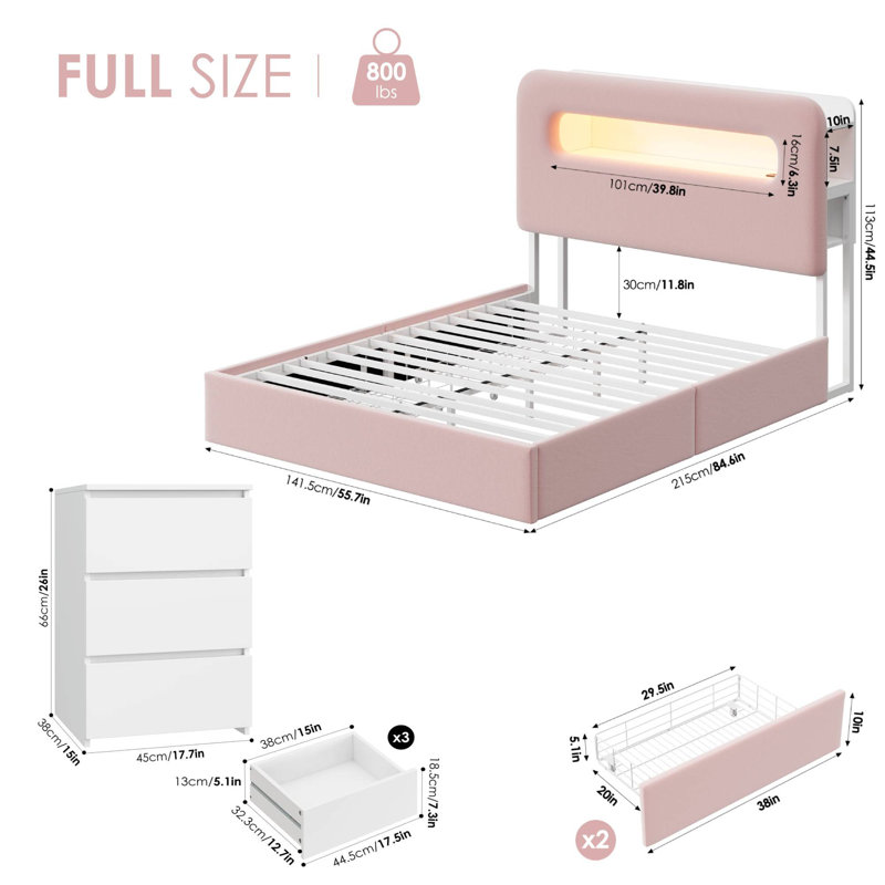 Ensemble de chambre à coucher rembourrée avec rangement 3 pièces, Rose, Lit double