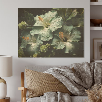 Hibiscus vert réaliste Splendor I - art mural en bois d'hibiscus sur bois de pin naturel