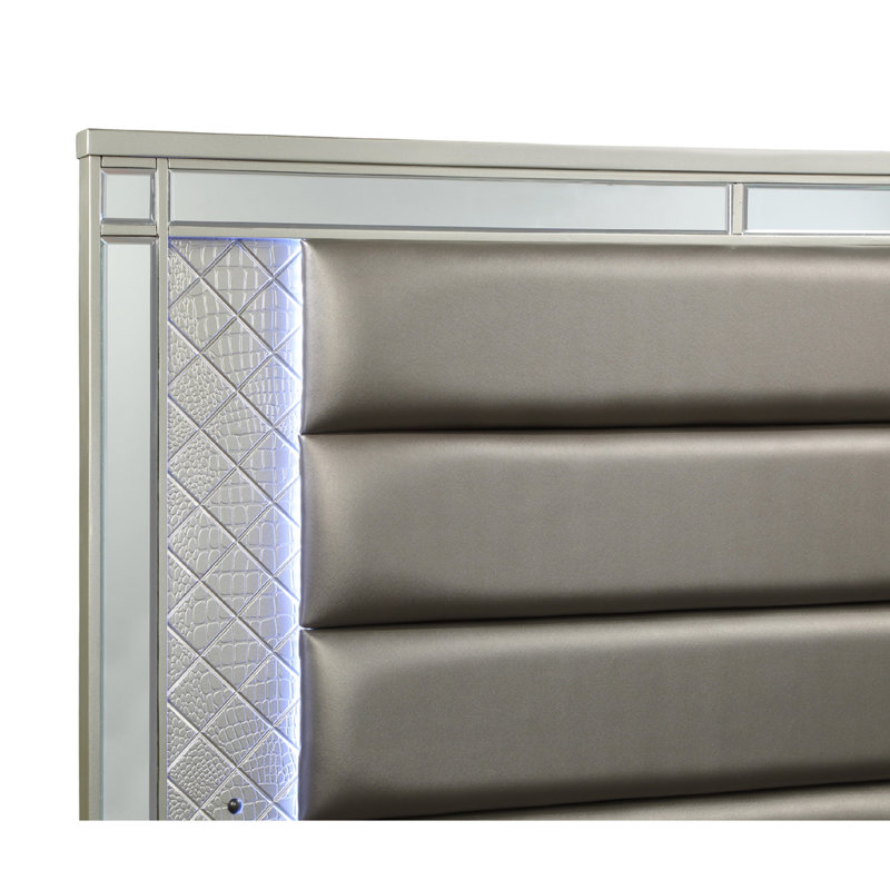 Lit à panneau 1pc avec superbe finition argentée, canal, luxe moderne et éclairage à DEL intégré pour la chambre à coucher avec éclairage,