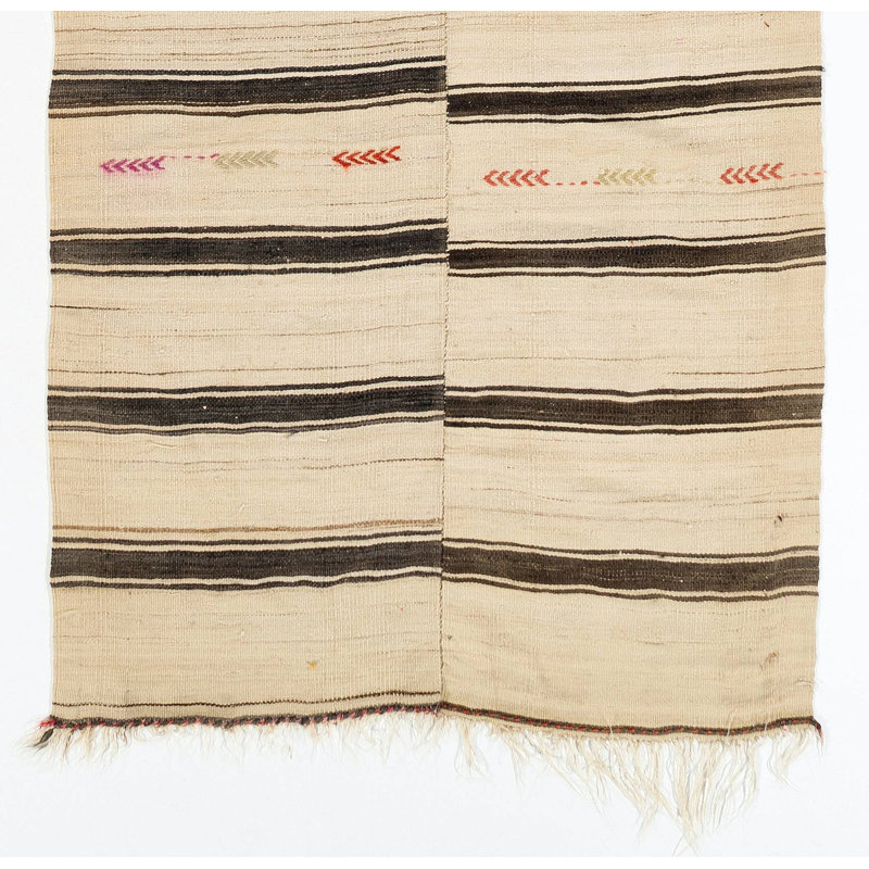 Chemin de table kilim tissé à plat 4,2 x 12,5 pi. Fabriqué à 100% de laine naturelle non teintée
